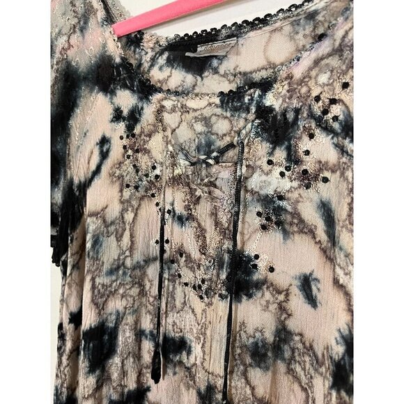 Tie Dye Floral Top M Brown Hi Lo Sequin Tassel Grunge Boho Biker Chic Funky 80s - Picture 5 of 13